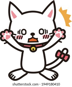 A white cat that is surprised and raises his hand