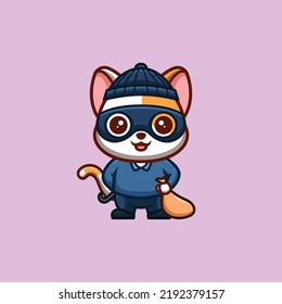 White Cat Thief Cute Creative Kawaii Cartoon Mascot Logo