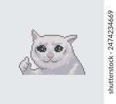 White cat with thumb up, pixel art meme
