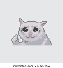 White cat with thumb up, pixel art meme