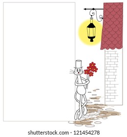 White cat in top hat holding red flowers with old lantern in the background. Vector greeting card.