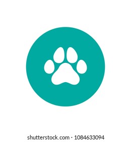 white cat trace in blue circle.  icon isolated on white. Vector flat illustration. White background with kitty paw footprint, footstep.