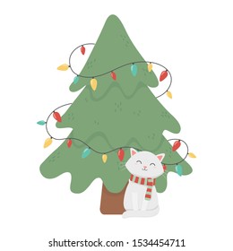 white cat and tree lights celebration merry christmas vector illustration
