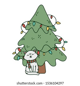 white cat and tree lights celebration merry christmas vector illustration