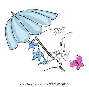 White cat with an umbrella and flowers, looking at a butterfly. Vector illustration