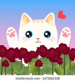White cat under blue sky, plant rose background, cute pet kitten, hand drawn animal vector illustration, heart shaped element,