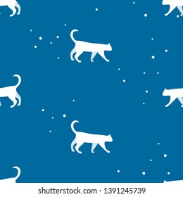 White cat walking, seamless vector pattern with blue background