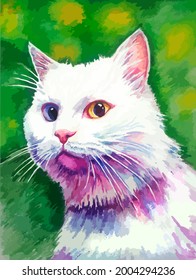 White cat. Watercolor painted. Portrait of cat with blue and yellow colored eyes. Green backgrownd with yellow spots. Vector illustration. Art