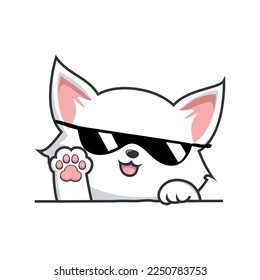 White Cat Waving Paws Hand - Cute White Pussy Cat with Sunglasses