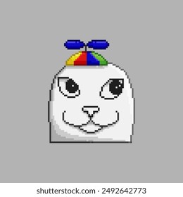 White cat wearing a childish hat, pixel art meme