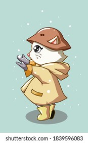 A white cat wearing coat and hat in the winter illustration
