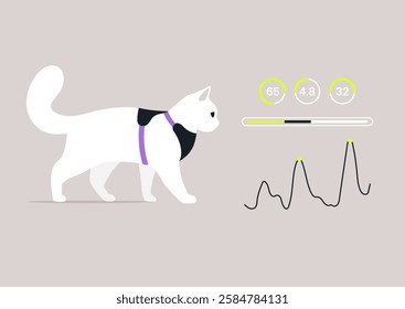 A white cat wearing a harness walks calmly, while a graphical display showcases her health metrics, These parameters provide valuable insights into the pet's overall wellbeing and activity levels