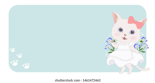 A white cat wearing a Lolita dress introduces the blue back and Flax seed flower. anthropomorphic illustration. Eps10