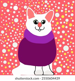 White cat wearing a purple sweater on a polka dot background. Vector  illustration. 