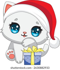White Cat Wearing Santa Hat With Gift Christmas Kitten Mascot