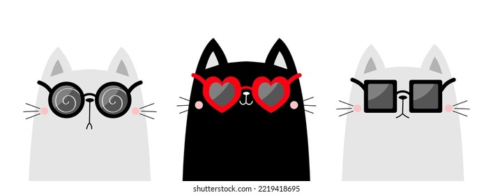 Weiße Katze, die eine Sonnenbrille trägt. Rund, herzquadratisches Sonnenglasset. Blauschwarze Linsen. Cute Cartoon kawaii lustigen Charakter. Kätzchen in Brille. Weißer Hintergrund. Flachdesign-Vektorgrafik