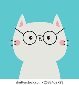 White cat wearing sunglasses eyeglasses. Cute cartoon kawaii funny baby character. Kitten in eyeglasses. Fashion animal. Childish style. Blue background. Isolated. Flat design Vector illustration