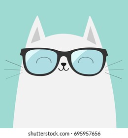 White cat wearing sunglasses eyeglasses. Smiling face. Blue lenses. Cute cartoon funny character. Adorable kitten in eyeglasses. Fashion animal. Baby background. Isolated. Flat design Vector