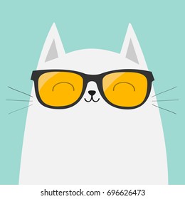 White cat wearing sunglasses eyeglasses. Smiling face. Yellow lenses. Cute cartoon funny character. Adorable kitten in eyeglasses. Fashion animal. Blue background. Isolated. Flat design Vector