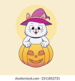  white cat wearing witch hat in halloween pumpkin vector illustration cartoon animal culture isolated