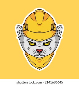White Cat Worker Wearing Safety Helmet and Bandana