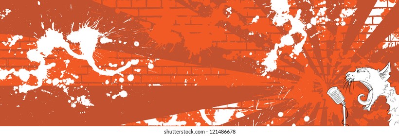 White Cat yelling into the microphone on grungy background. Vector illustration.