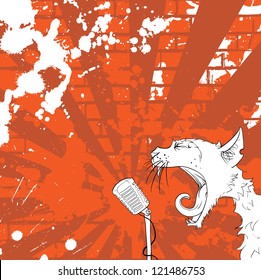 White Cat yelling into the microphone on grungy background. Vector illustration.