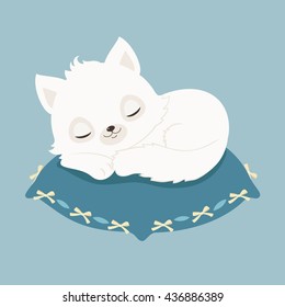 White cat/kitten sleeping on a blue pillow. Vector cartoon illustration