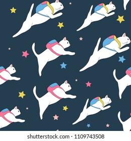 white cats with colored backpacks in space pattern. seamless pattern of space cats.