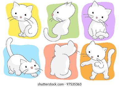 White cats in different moods and moves drawn as vector illustration.
