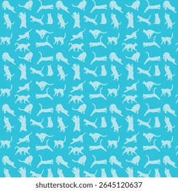White cats in different poses on blue background,seamless pattern with cats
