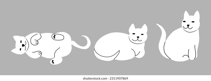 White cats in different poses. Cats sleeping and sitting. Vector illustration