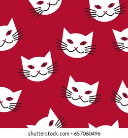 White Cats Faces Seamless Pattern, Red Background