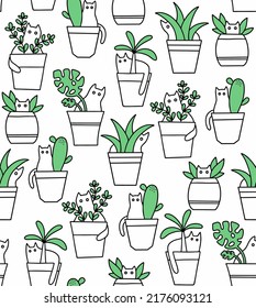 White cats and green plants seamless pattern. Vector hand drawn illustration with cute home animals in flowers.