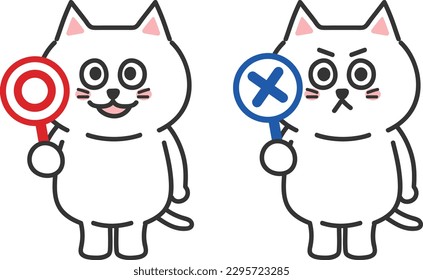 White cats holding circle and cross mark. Vector illustration.