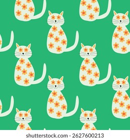White Cats patterned with retro flowers seamless pattern on green background. For fabric, kids clothing and textile 