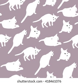 White cats seamless pattern. Vector illustration isolated on gray background.