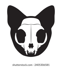 A white cat's skull against a black silhouette of a cat. Halloween. A magical familiar. Magic and witchcraft. Vector illustration isolated on a white 