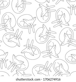 White cats sleeping on white background: transparent seamless pattern, simple vector graphics.