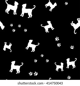  White cats and traces silhouette seamless pattern. White kissing cats pattern over black background. Simple vector illustration of romantic cat kiss