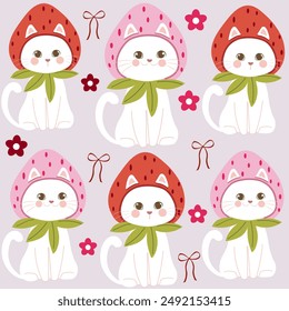 white cats  wearing strawberry  hats seamless pattern , vector illustration