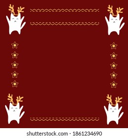 
white cats with yellow stars christmas frame on red background