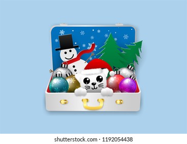 white cat,snowman ,snow flake,red hat,and christmas balls in travel bag ,happy new year.