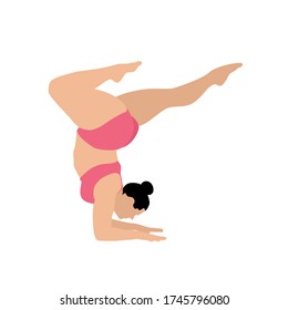White Caucasian Asian woman with pink gym outfit and black hair in a bun in head stand with bent legs yoga pose