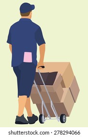 White or Caucasian Delivery Man Pushing Hand truck Viewed from Behind