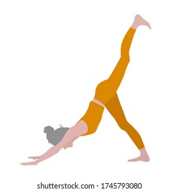 White Caucasian elderly woman in orange gym outfit and white grey hair in a bun in 3 legged downward facing dog yoga pose