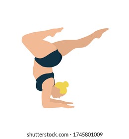 White Caucasian woman with dark blue gym outfit and blond hair in a bun in head stand with bent legs yoga pose