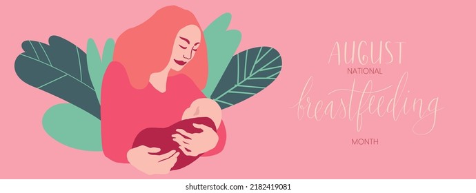 White caucasian woman holding infant child. National breastfeeding month August handwritten lettering template. Vector web banner.