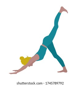 White Caucasian woman with turquoise gym outfit and blond hair in a bun in 3 legged downward facing dog yoga pose