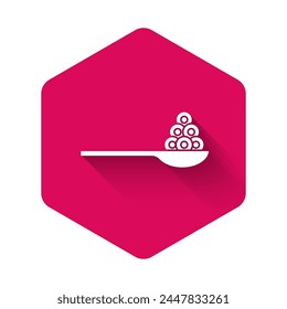 White Caviar on a spoon icon isolated with long shadow. Pink hexagon button. Vector